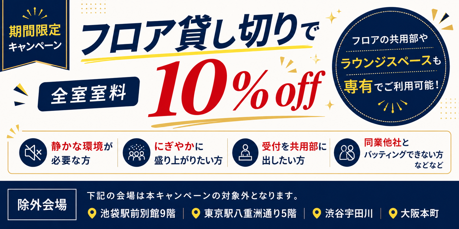 【期間限定キャンペーン】フロア貸し切り・全室室料10%OFF。静かな環境が必要な方、にぎやかに盛り上がりたい方、受付を共用用に出したい方、同窓会などパーティができない方におすすめ。フロア・ラウンジスペースも専有で利用可能。除外会場：池袋駅前別館9階、東京駅八重洲通り5階、渋谷宇田川、大阪本町。